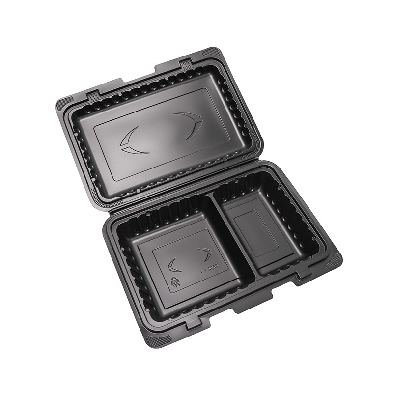 一次性pp飯盒帶蓋封口黑色方形兩格格快餐盒